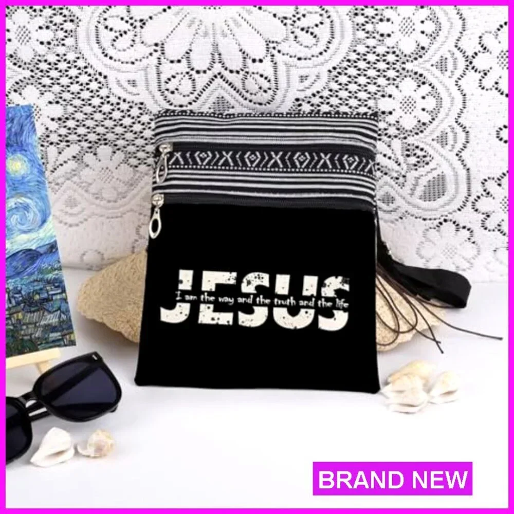 Jesus Scripture Print Crossbody Bag Adjustable Strap Lightweight Travel Purse